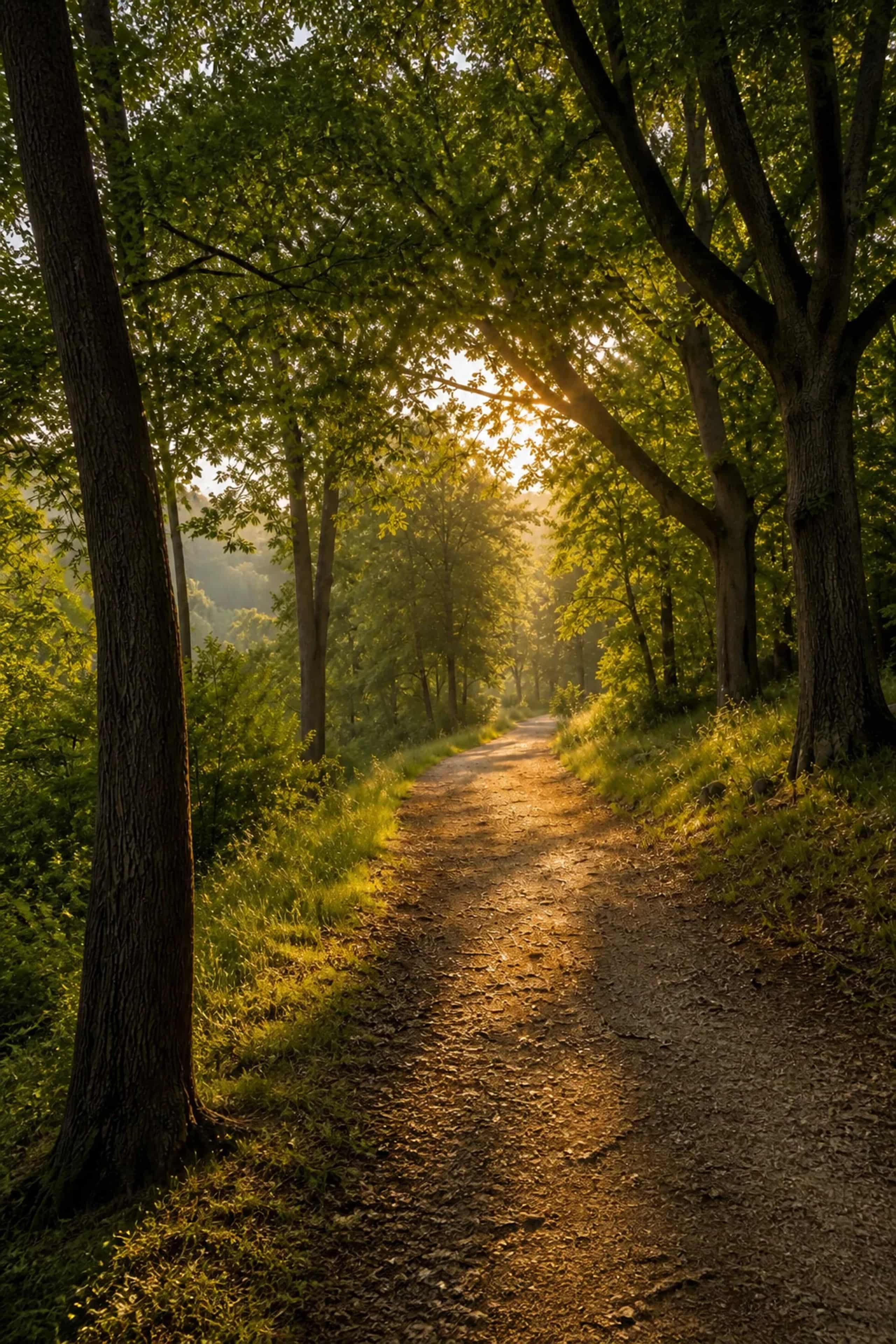 Warm sunlight through leafy trees along a quiet forest path.